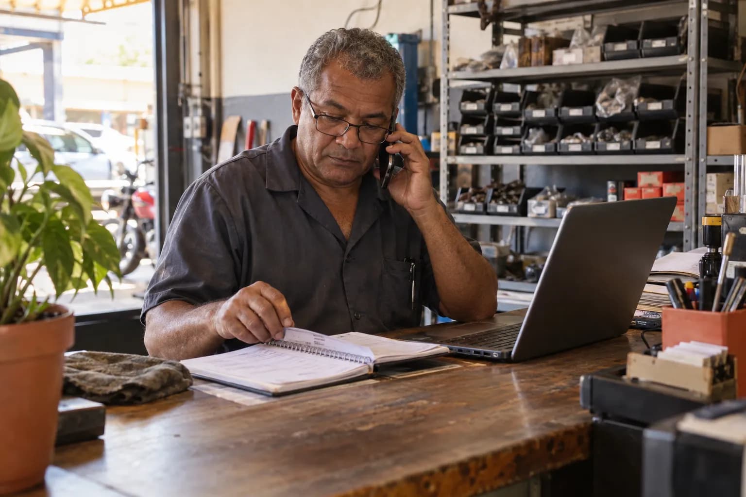 Na recepção de uma oficina, um coordenador confere a agenda de papel ao lado do notebook, com o telefone na outra mão.