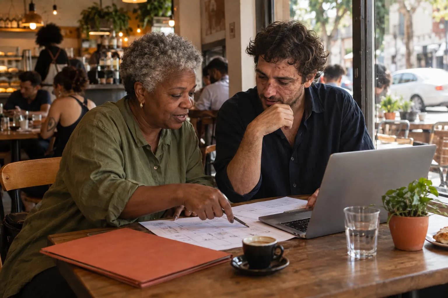 Dois profissionais independentes conversam sobre um projeto em comum numa mesa de café, com um plano em papel entre eles.