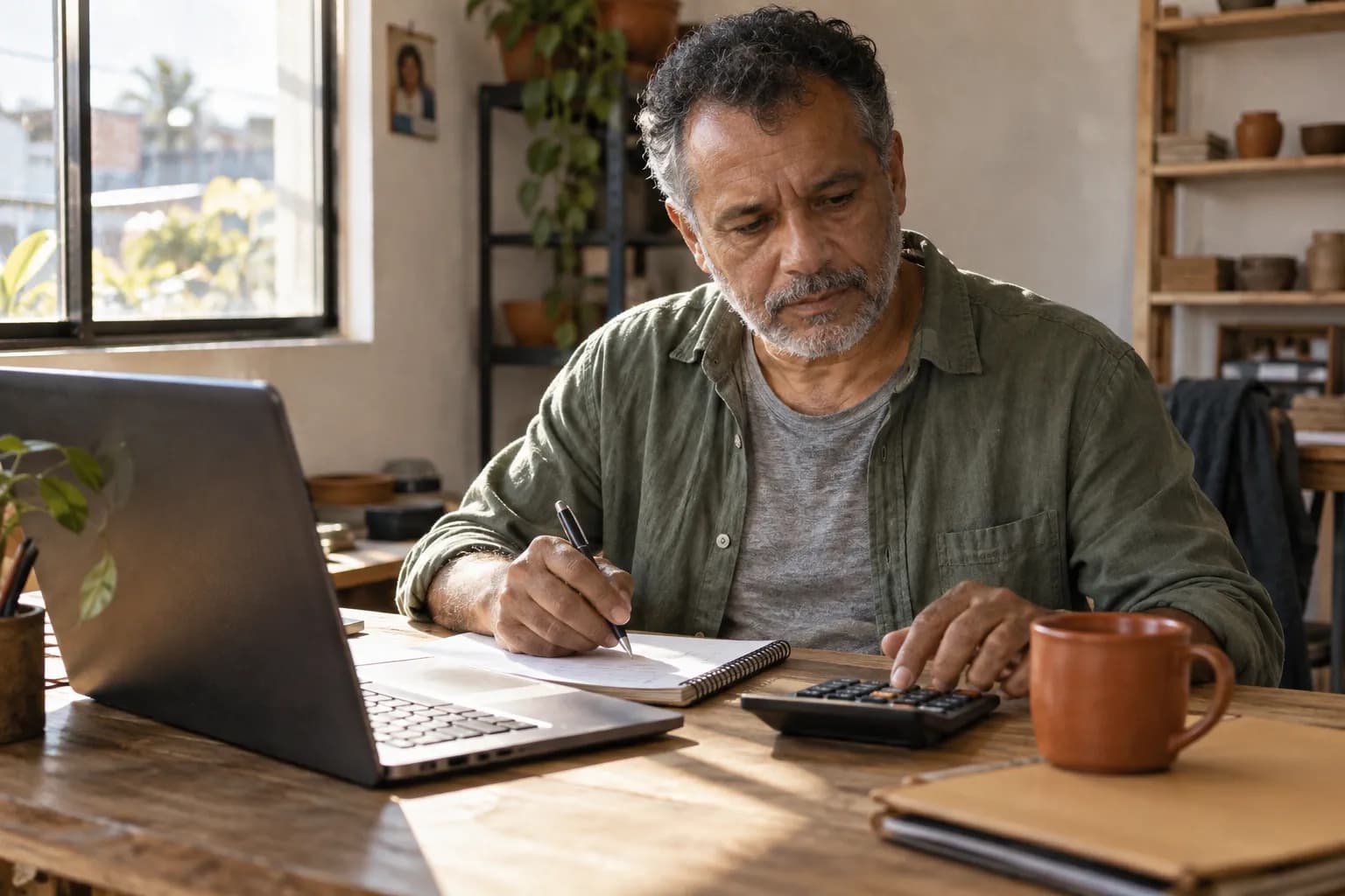 Dono de um pequeno negócio revisa as contas do mês numa mesa simples, com caderno, calculadora e notebook.
