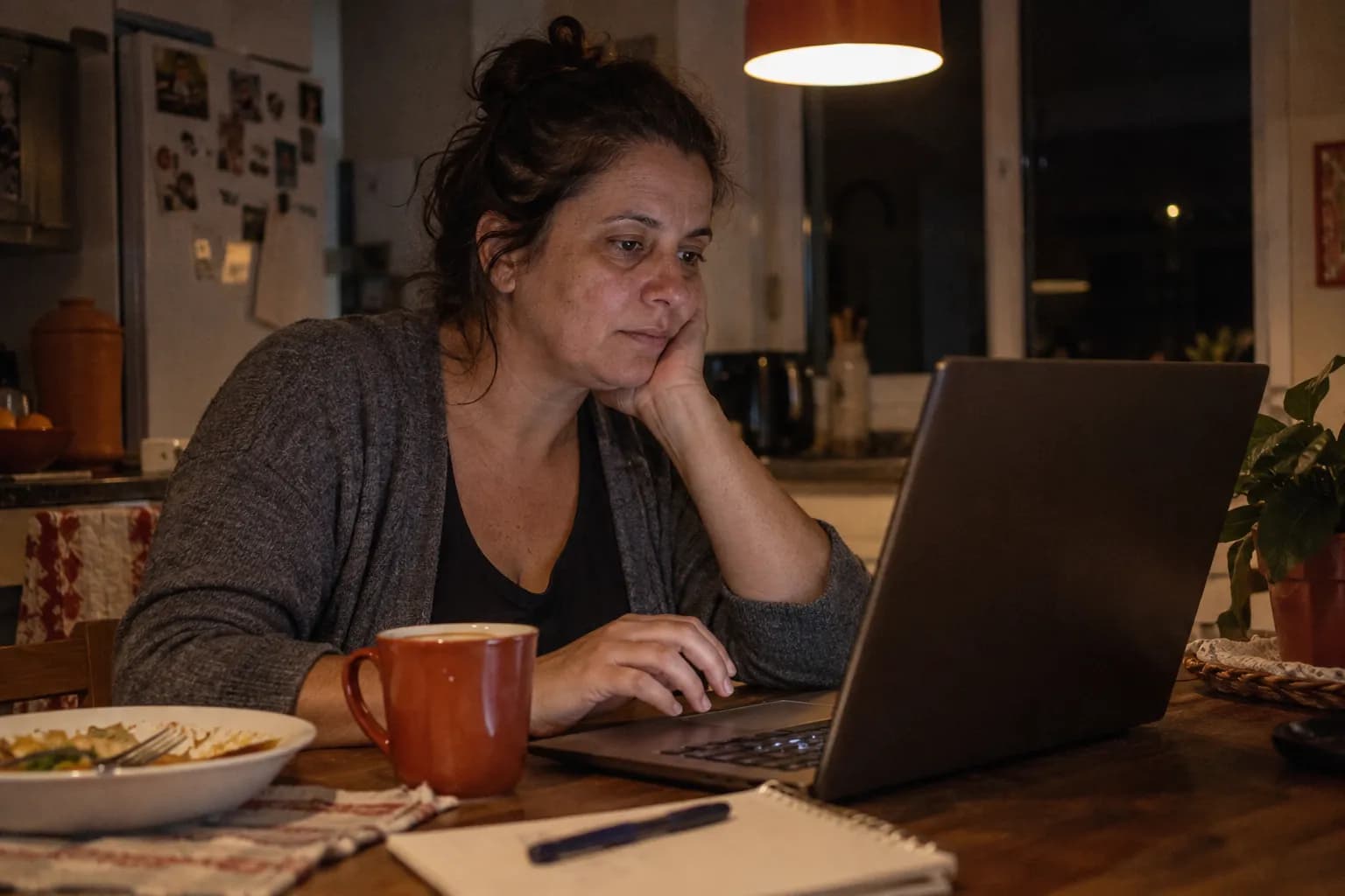 À noite, na mesa da cozinha, uma mulher trabalha no notebook, com uma caneca e o prato do jantar ao lado.