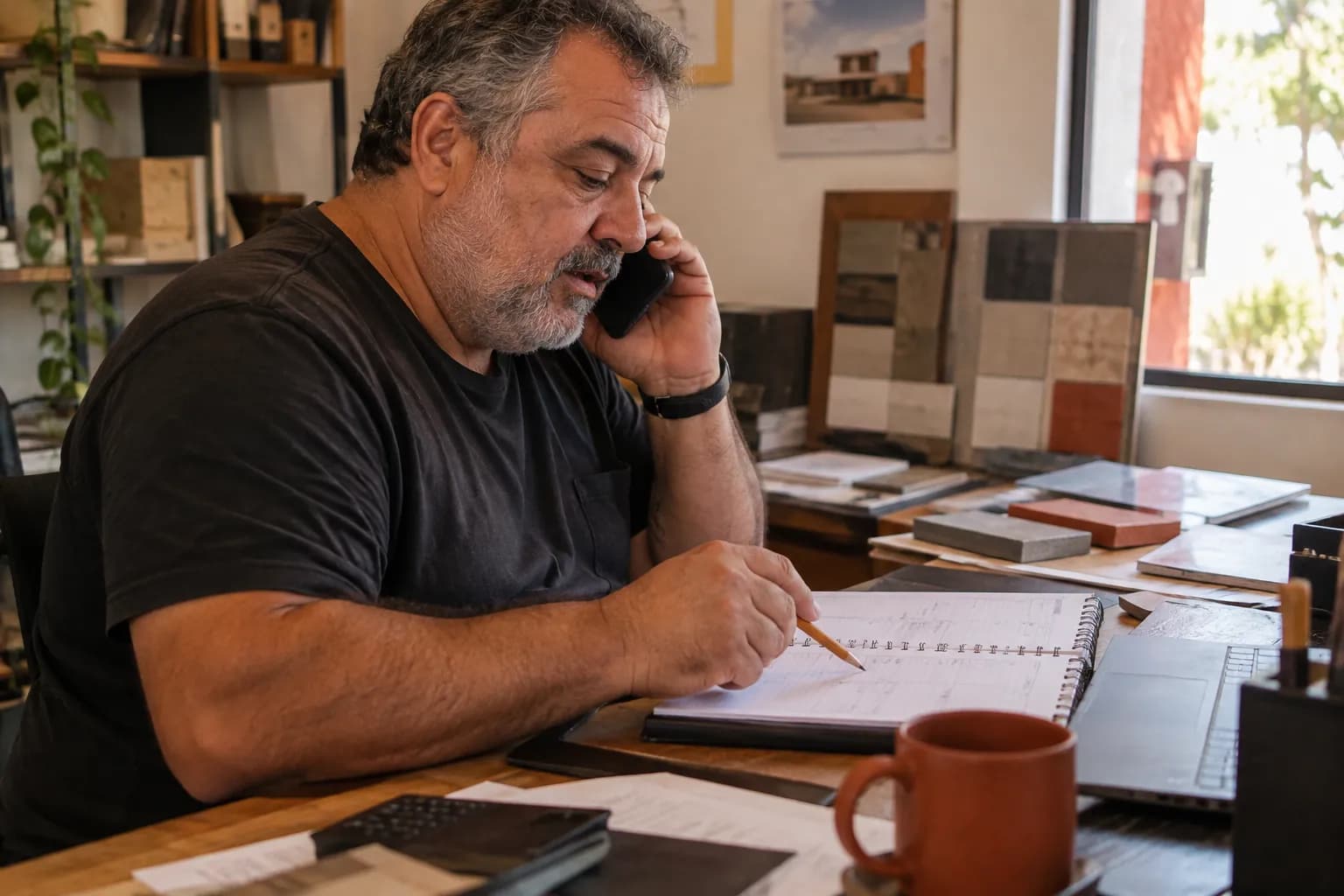 Num escritório com amostras de piso e revestimento, um homem fala ao telefone e anota numa agenda.
