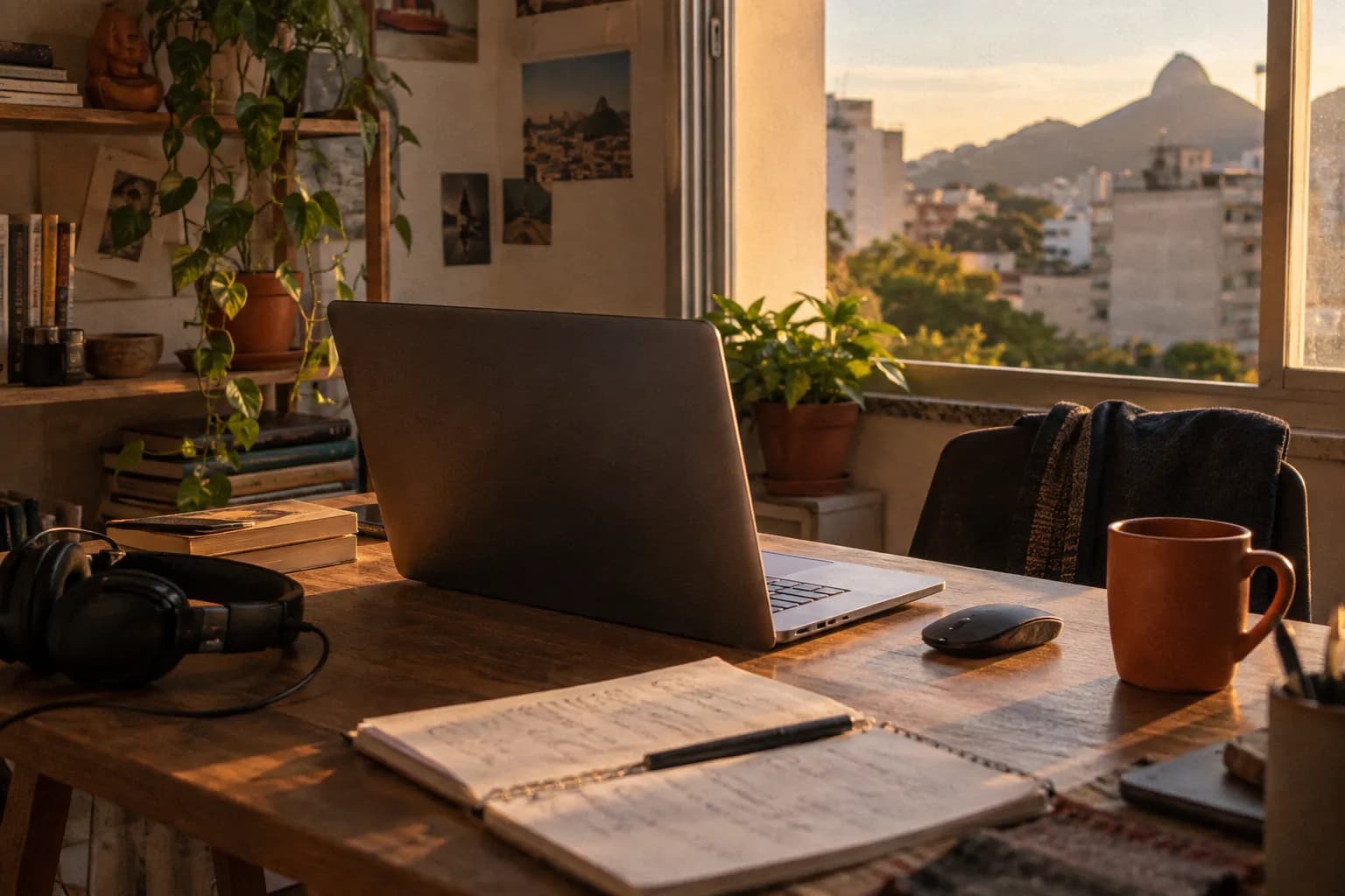 Mesa de trabalho de quem faz software sozinho, perto da janela: notebook aberto, caderno escrito à mão, caneca de cerâmica e uma planta.
