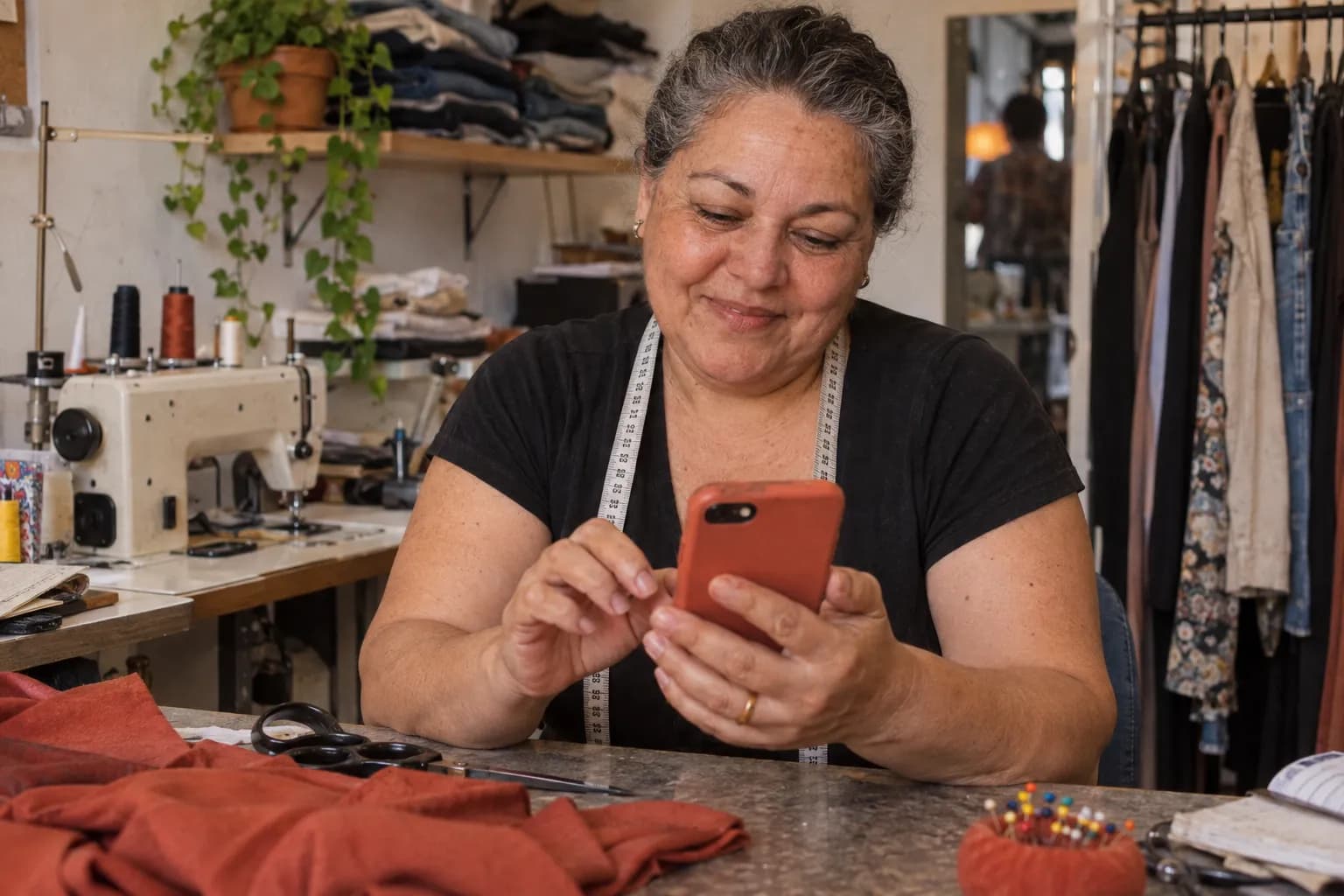 Dona de um ateliê de costura responde pelo celular atrás do balcão, com a máquina de costura e as peças dobradas ao fundo.