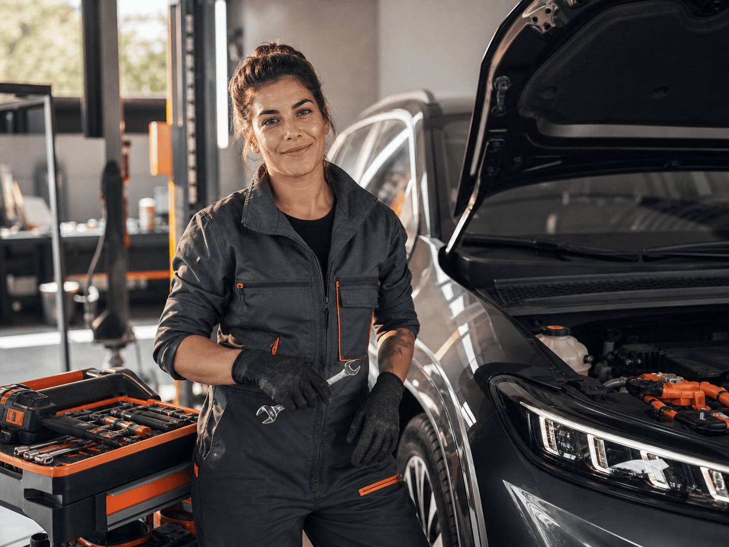 Camila Rocha, mecânica, ao lado de um carro híbrido