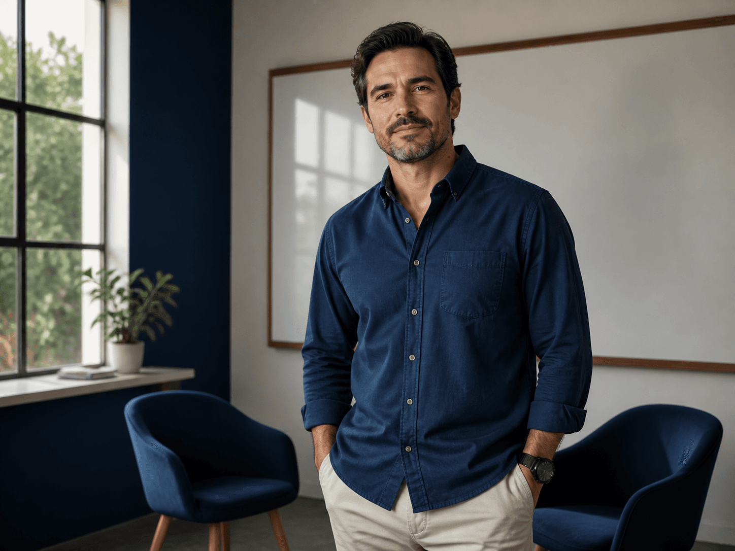 Miguel Arantes, instrutor de liderança, em uma sala de treinamento